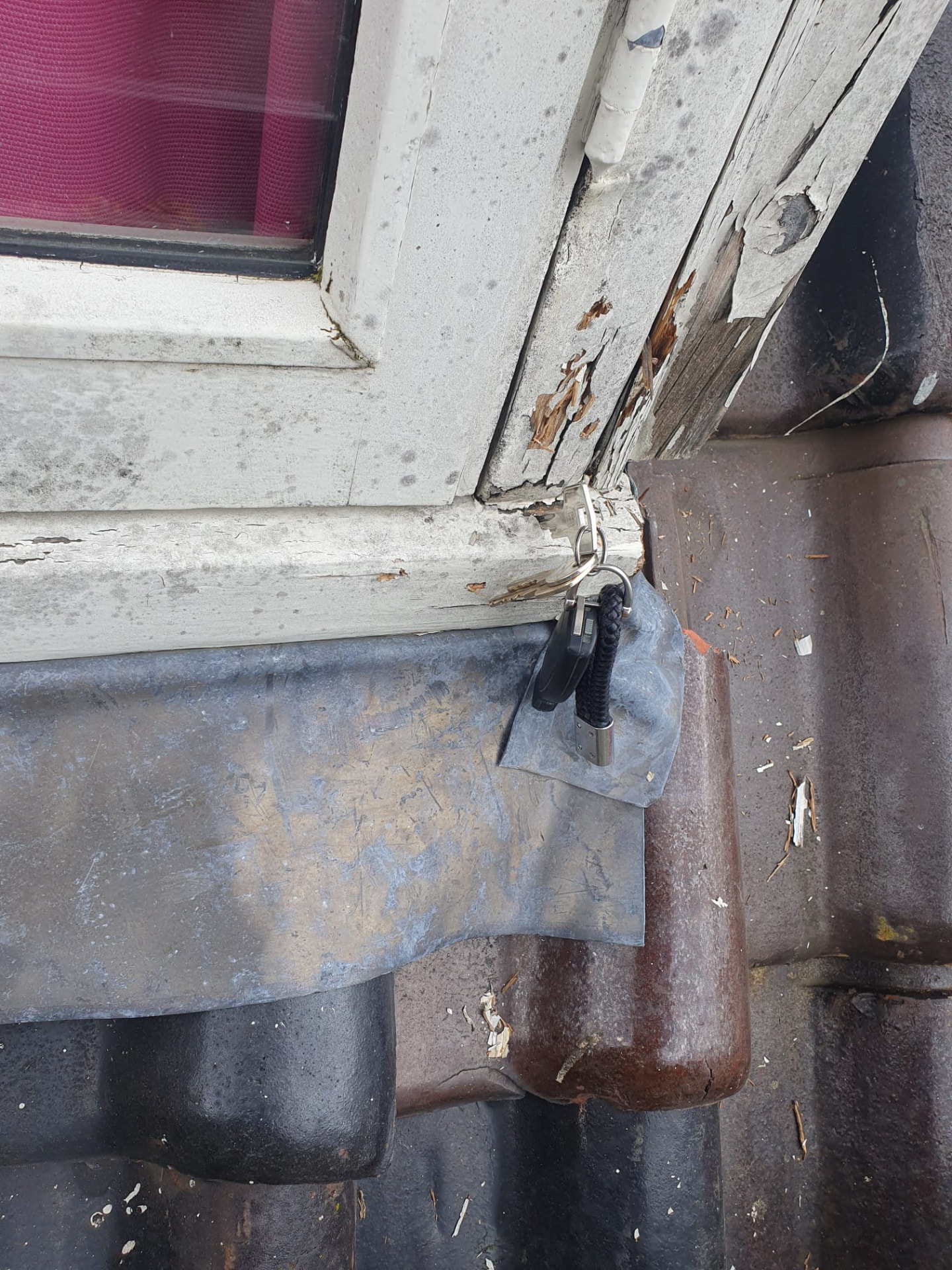 Detail van houtrot en loszittende verf op een dakkapelhoek